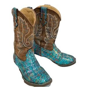 Roper Kids Blue Southwest Glitter Square Toddler Sz 11 Cowgirl Boots Boho